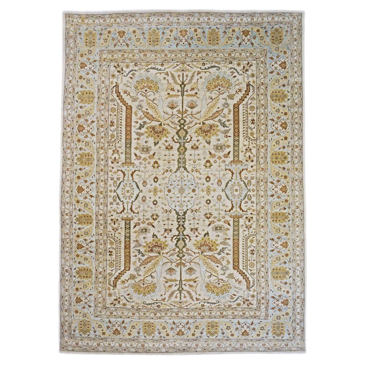 21st Century Sultanabad Master 10x14 Ivory, Tan, & Blue Handmade Area Rug For Sale