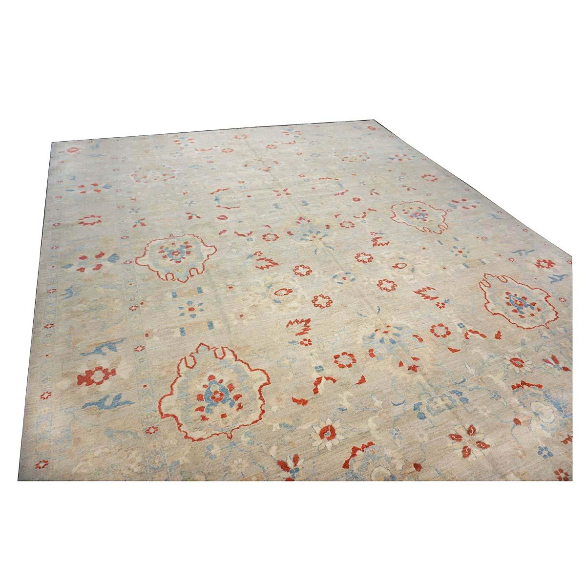 21st Century Sultanabad Master 12x17 Ivory, Red, & Blue Handmade Area Rug For Sale 3