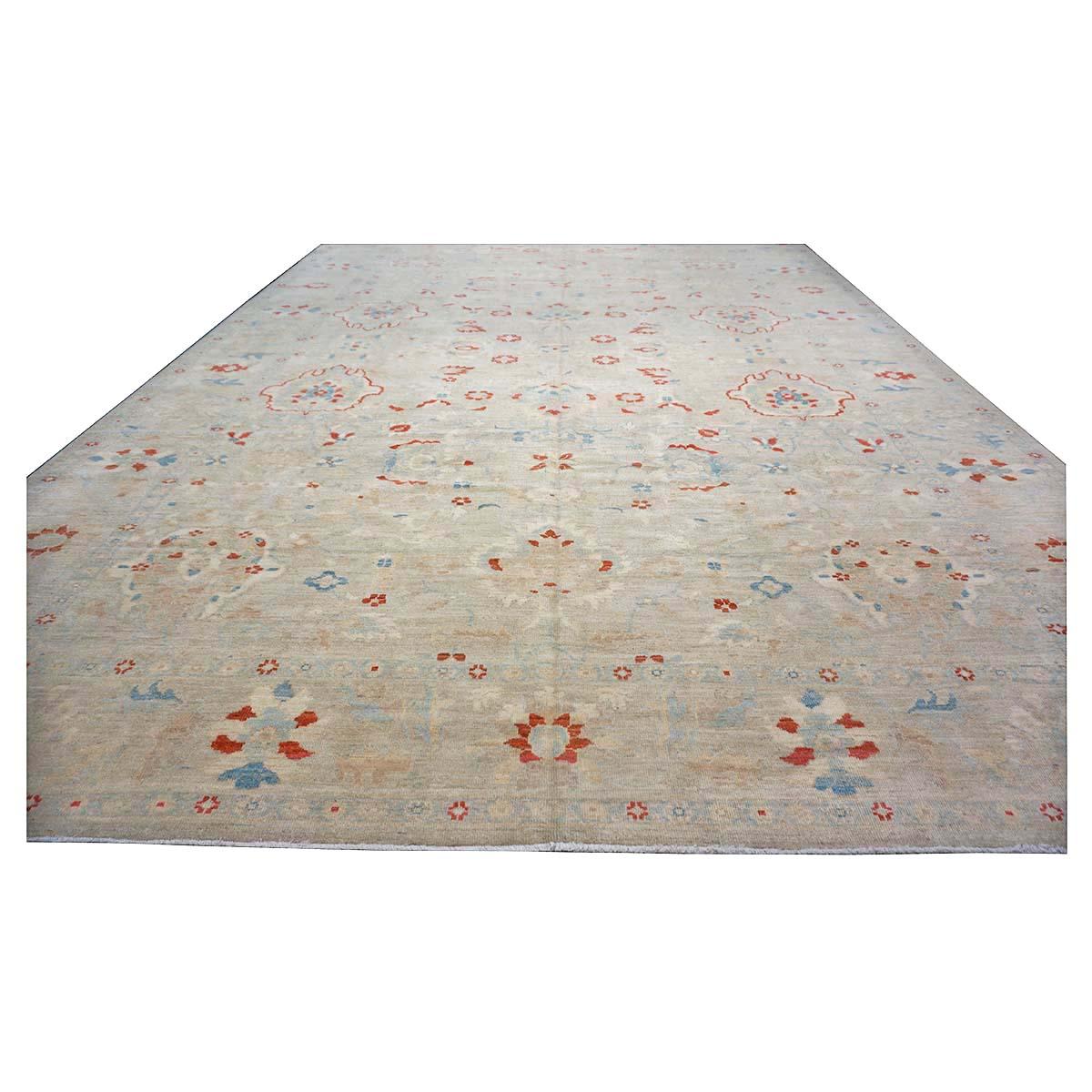 Turkish 21st Century Sultanabad Master 12x17 Ivory, Red, & Blue Handmade Area Rug For Sale