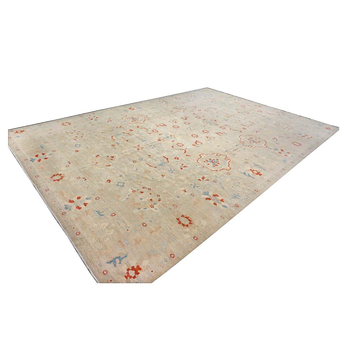 Hand-Woven 21st Century Sultanabad Master 12x17 Ivory, Red, & Blue Handmade Area Rug For Sale