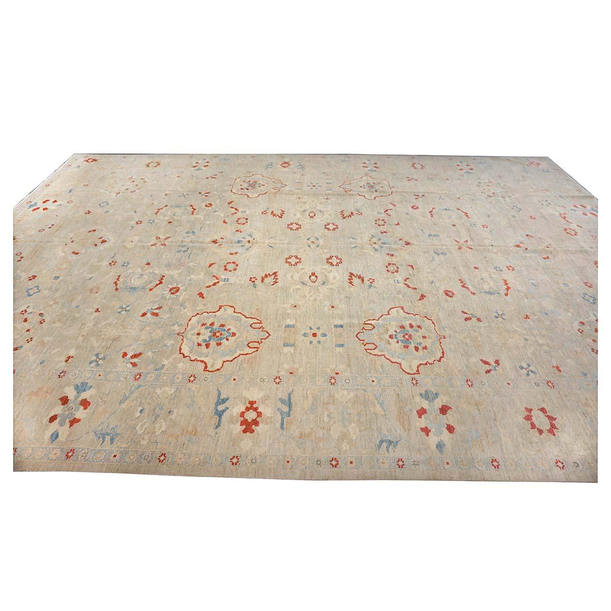 Contemporary 21st Century Sultanabad Master 12x17 Ivory, Red, & Blue Handmade Area Rug For Sale
