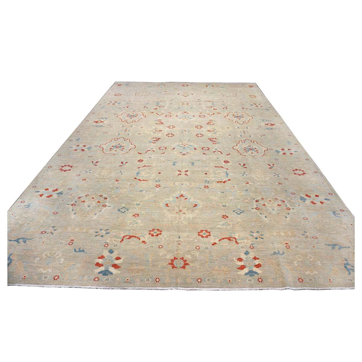 Wool 21st Century Sultanabad Master 12x17 Ivory, Red, & Blue Handmade Area Rug For Sale