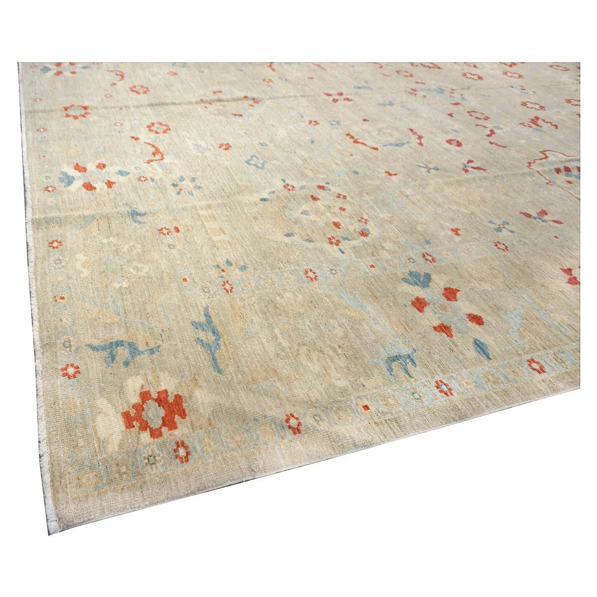 21st Century Sultanabad Master 12x17 Ivory, Red, & Blue Handmade Area Rug For Sale 2