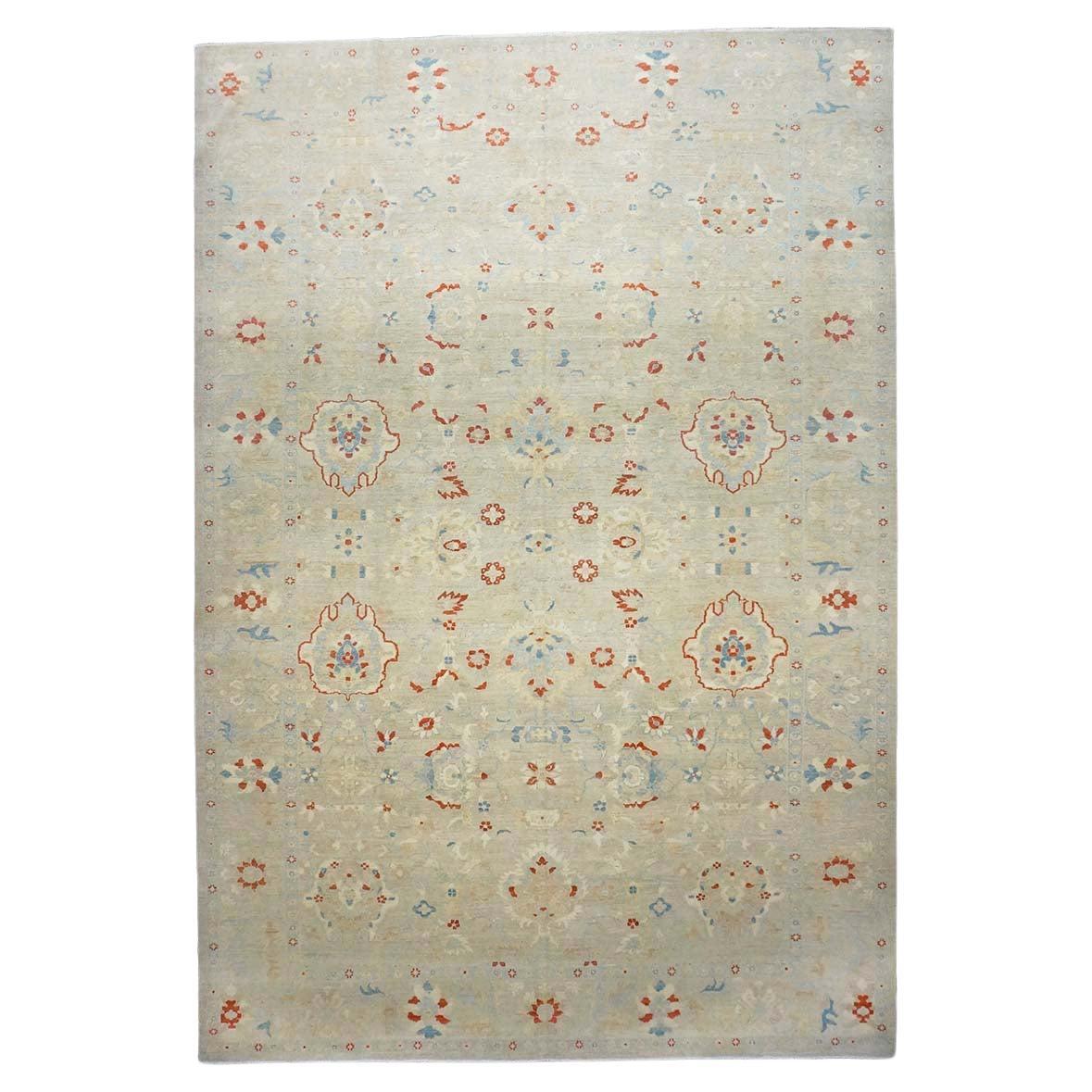 21st Century Sultanabad Master 12x17 Ivory, Red, & Blue Handmade Area Rug For Sale