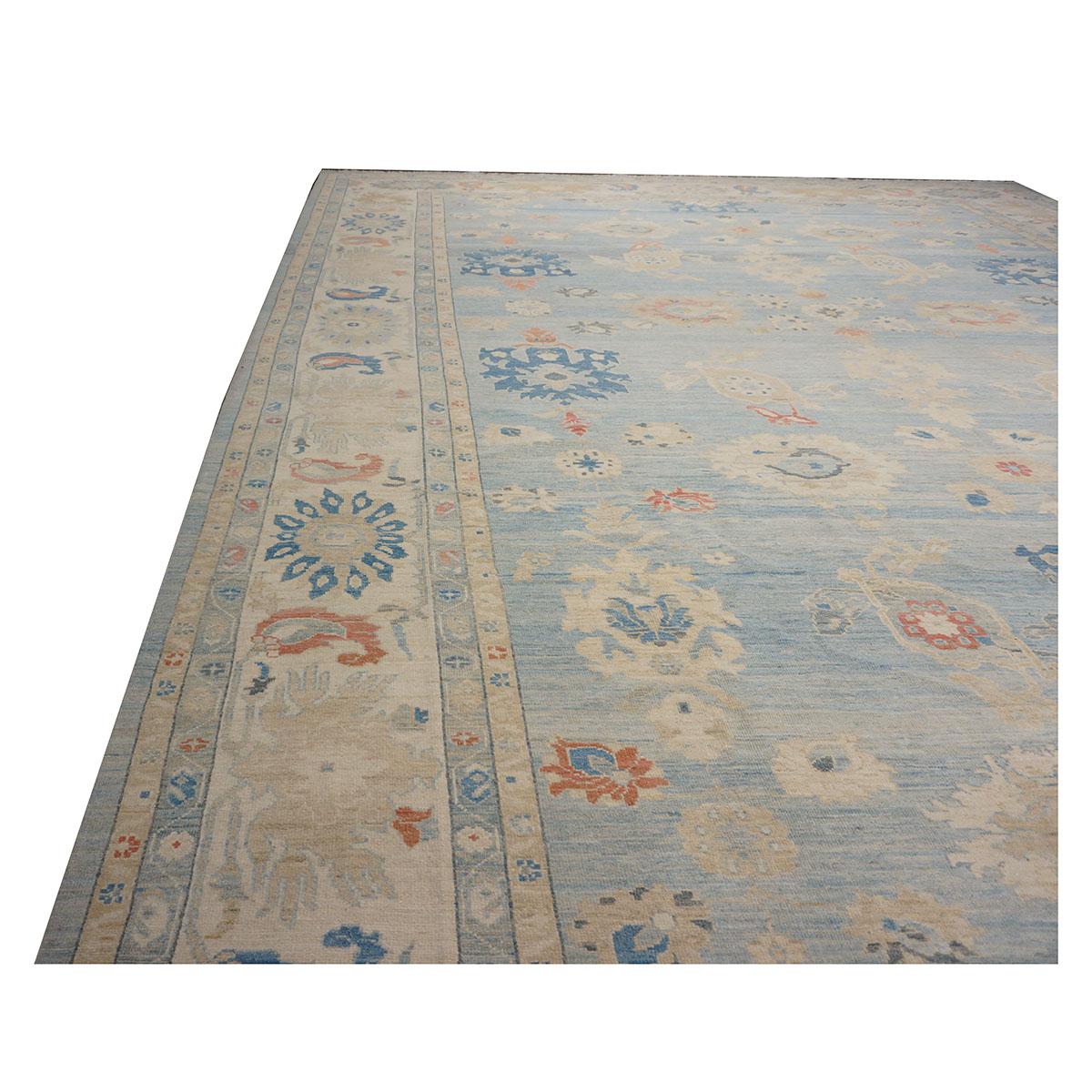 Wool 21st Century Sultanabad Master 15x18 Light Blue Handmade Area Rug For Sale