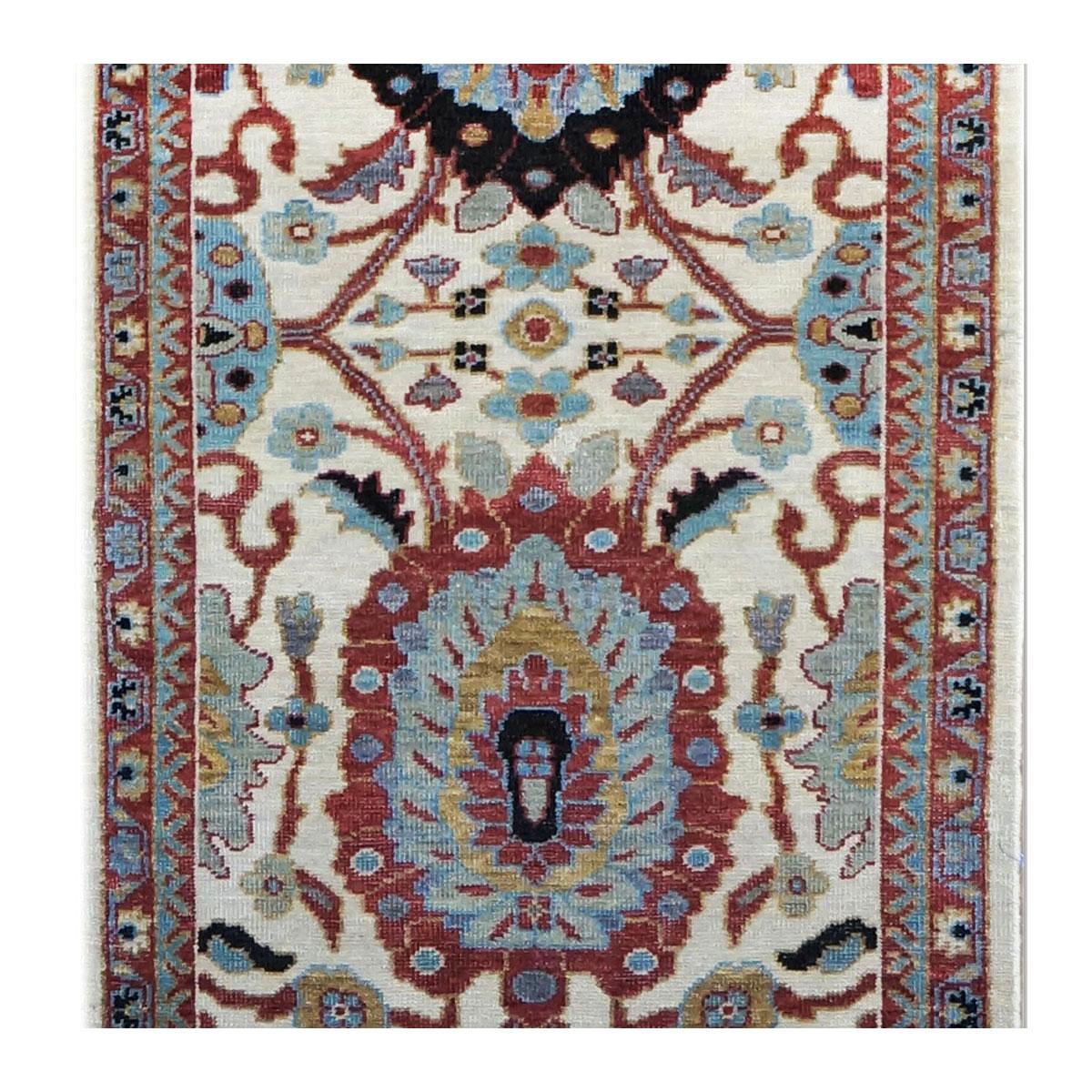 21st Century Sultanabad Master 3x12 Ivory, Red, & Blue Hallway Runner Rug For Sale 1