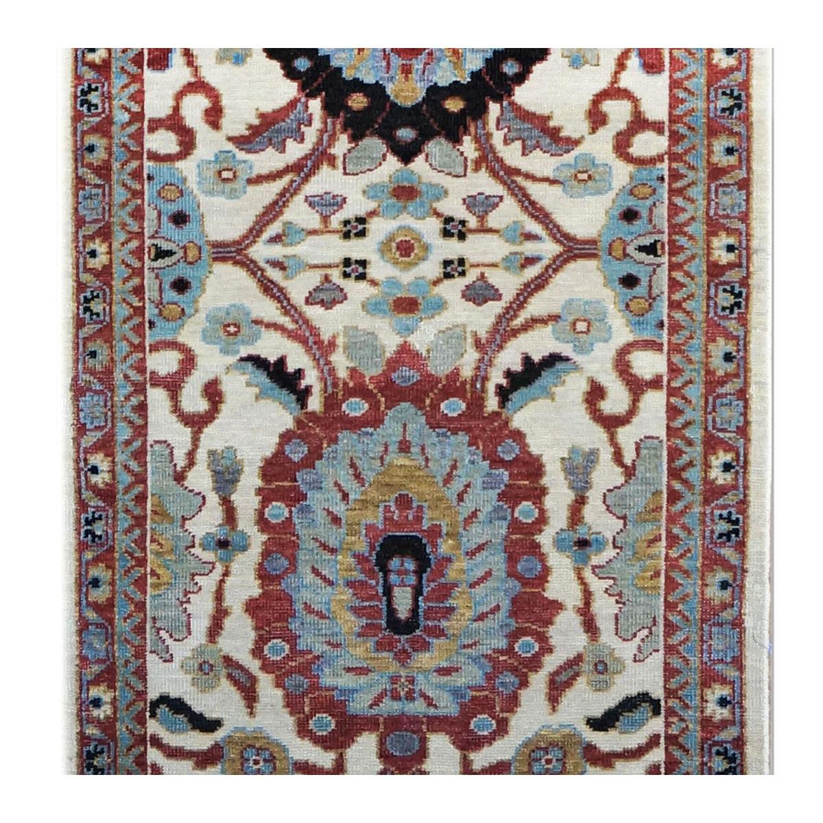 21st Century Sultanabad Master 3x12 Ivory, Red, & Blue Hallway Runner Rug For Sale 4