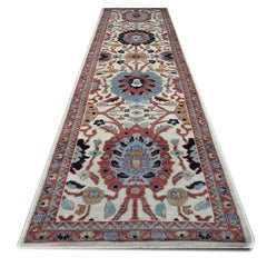 21st Century Afghan Sultanabad Wool 3x12 Ivory, Red & Blue Handmade Runner Rug