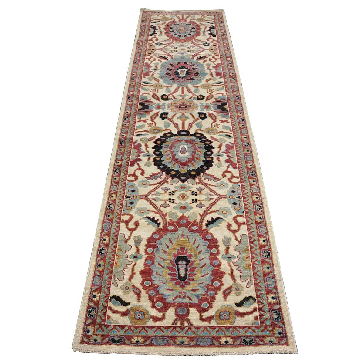 Hand-Woven 21st Century Sultanabad Master 3x12 Ivory, Red, & Blue Hallway Runner Rug For Sale