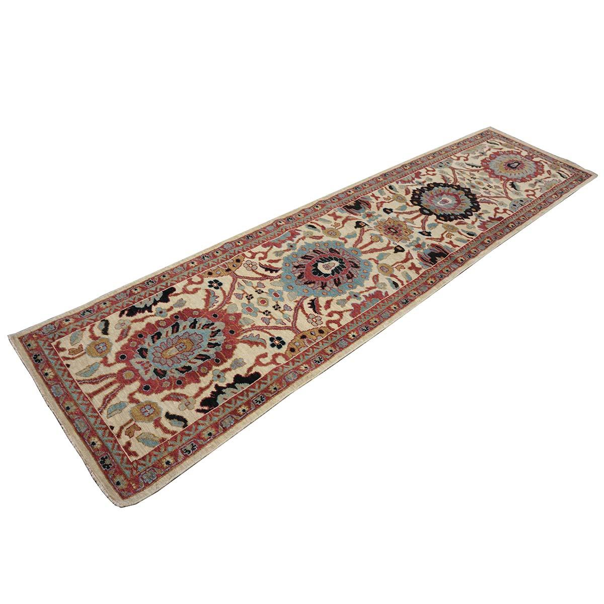 Hand-Woven 21st Century Sultanabad Master 3x12 Ivory, Red, & Blue Hallway Runner Rug For Sale