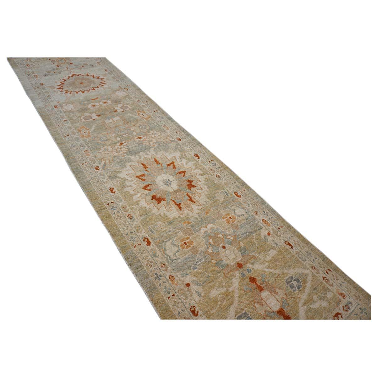 21st Century Sultanabad Master 3x12 Khaki, Rust, & Slate Hallway Runner Rug In Excellent Condition For Sale In Houston, TX