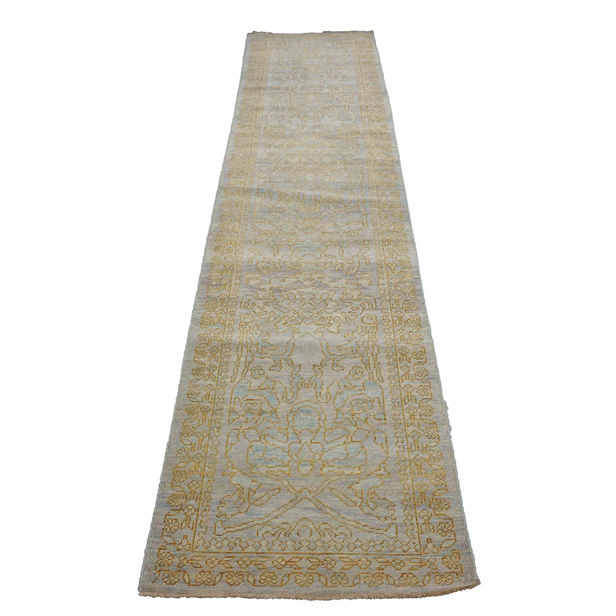 Hand-Woven 21st Century Sultanabad Master 3x12 Light Slate & Gold Hallway Runner Rug For Sale