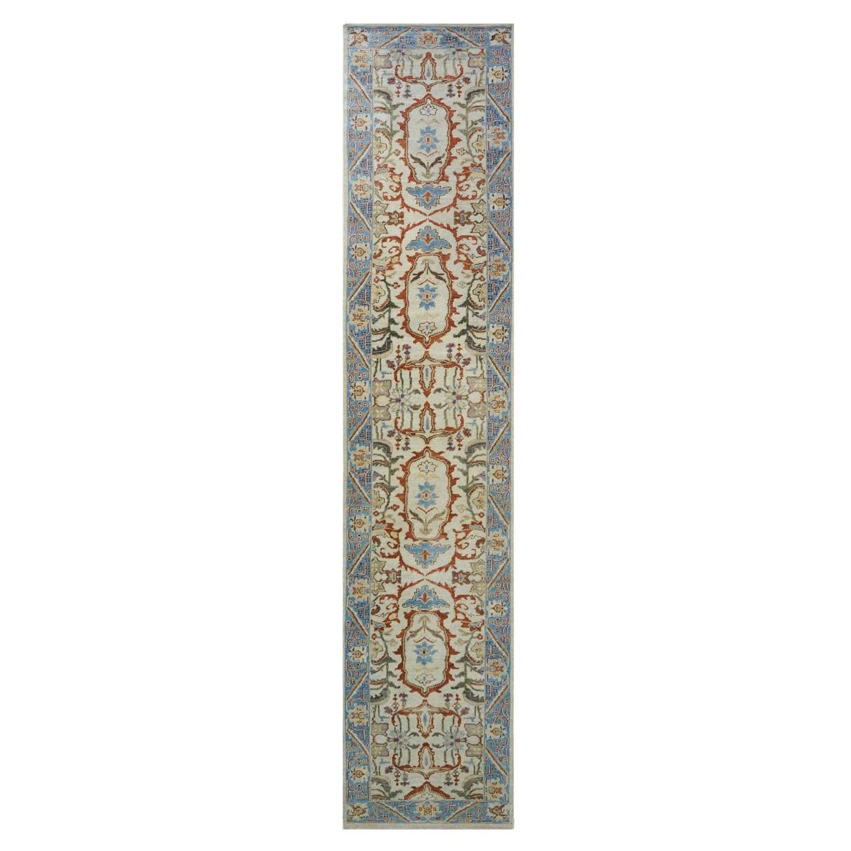 21st Century Sultanabad Master 3x14 Ivory, Red, & Blue Hallway Runner Rug For Sale