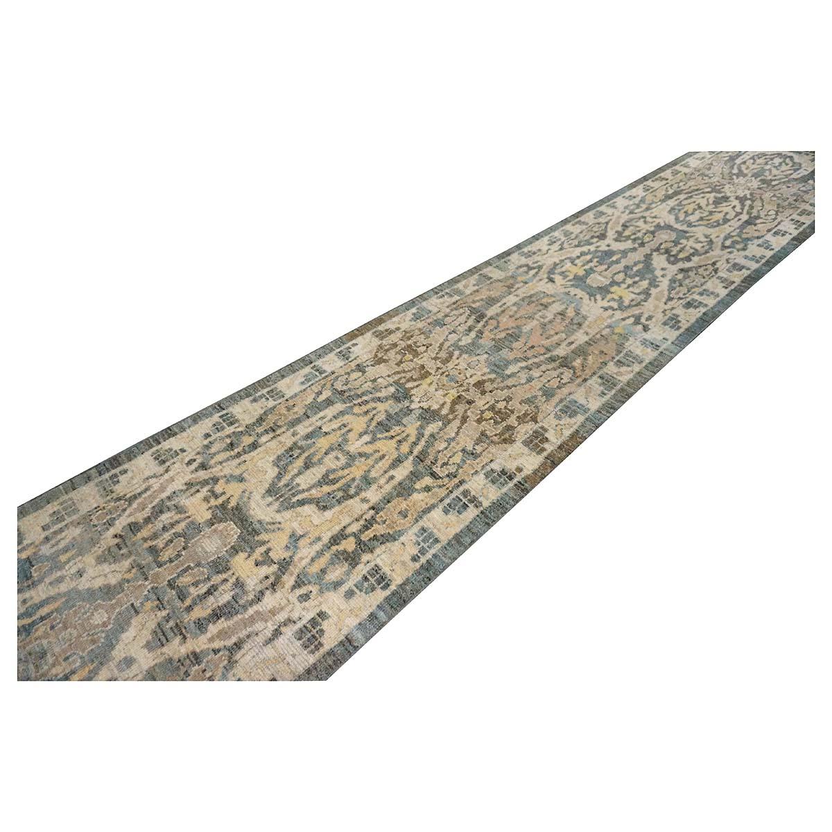 Turkish 21st Century Sultanabad Master 3x14 Slate Blue, Ivory, & Tan Handmade Runner Rug For Sale