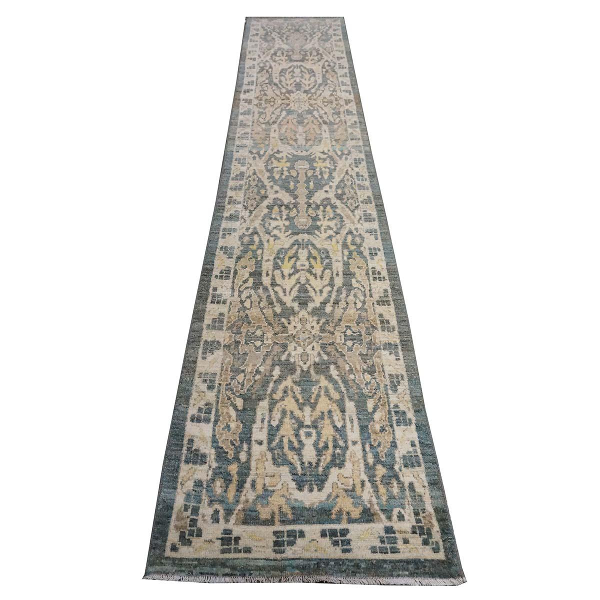 Hand-Woven 21st Century Sultanabad Master 3x14 Slate Blue, Ivory, & Tan Handmade Runner Rug For Sale