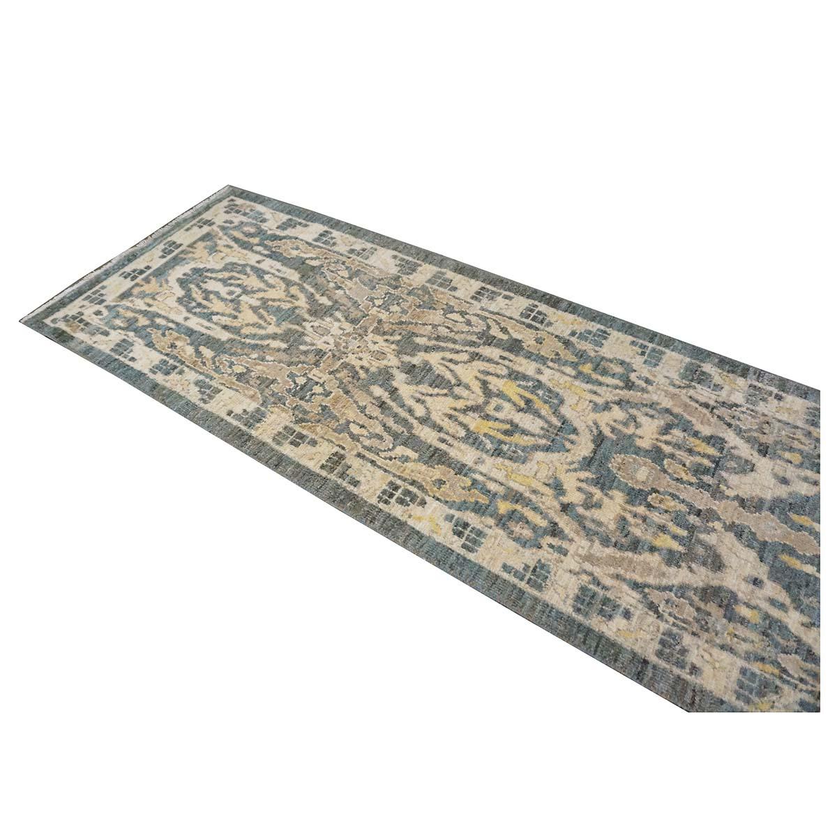 21st Century Sultanabad Master 3x14 Slate Blue, Ivory, & Tan Handmade Runner Rug In Excellent Condition For Sale In Houston, TX
