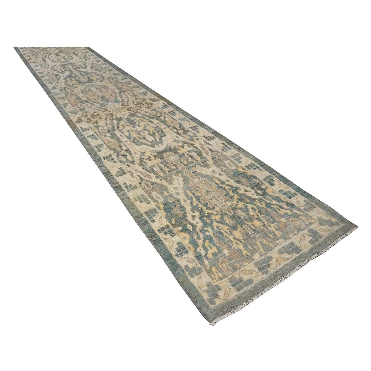 Contemporary 21st Century Sultanabad Master 3x14 Slate Blue, Ivory, & Tan Handmade Runner Rug For Sale