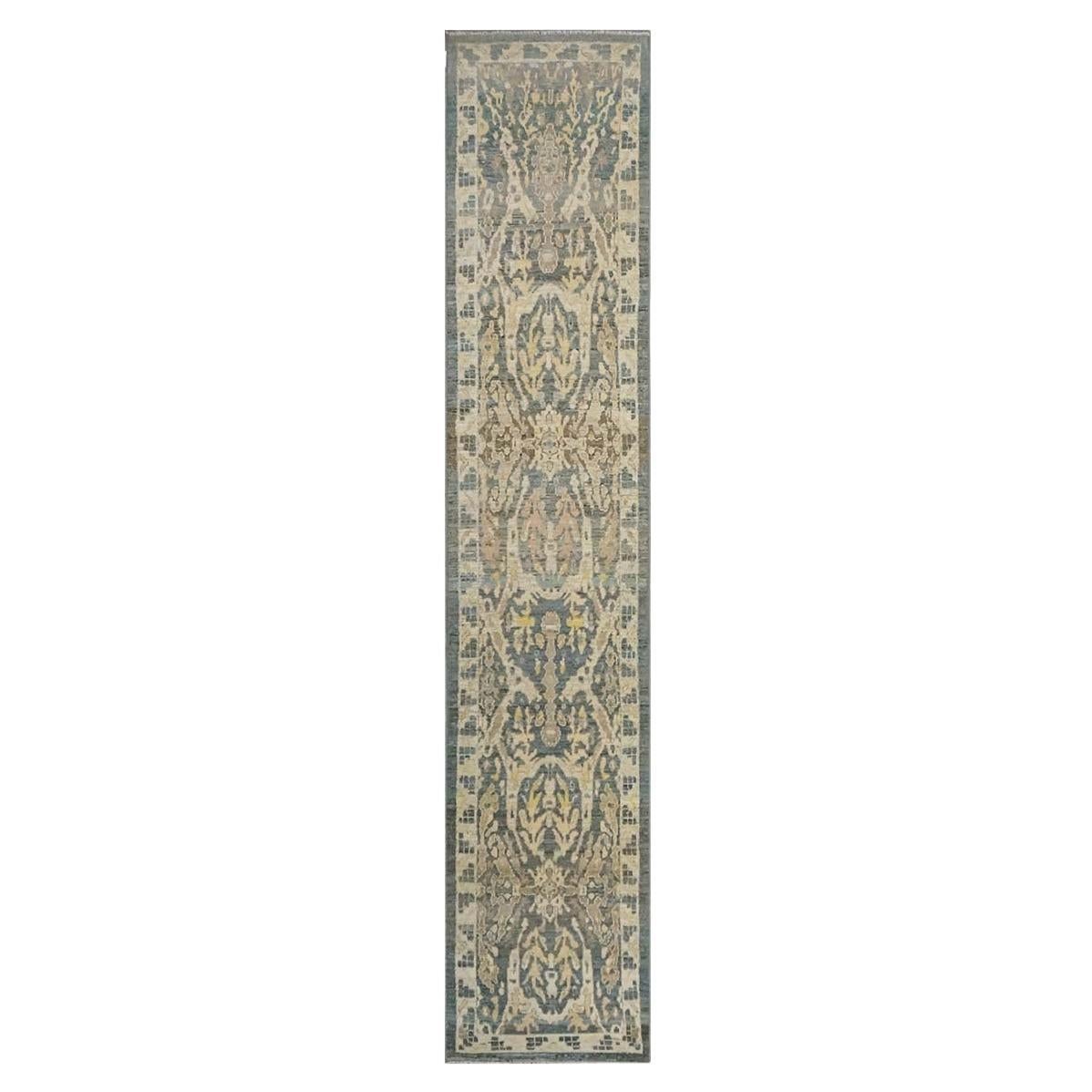 21st Century Sultanabad Master 3x14 Slate Blue, Ivory, & Tan Handmade Runner Rug For Sale