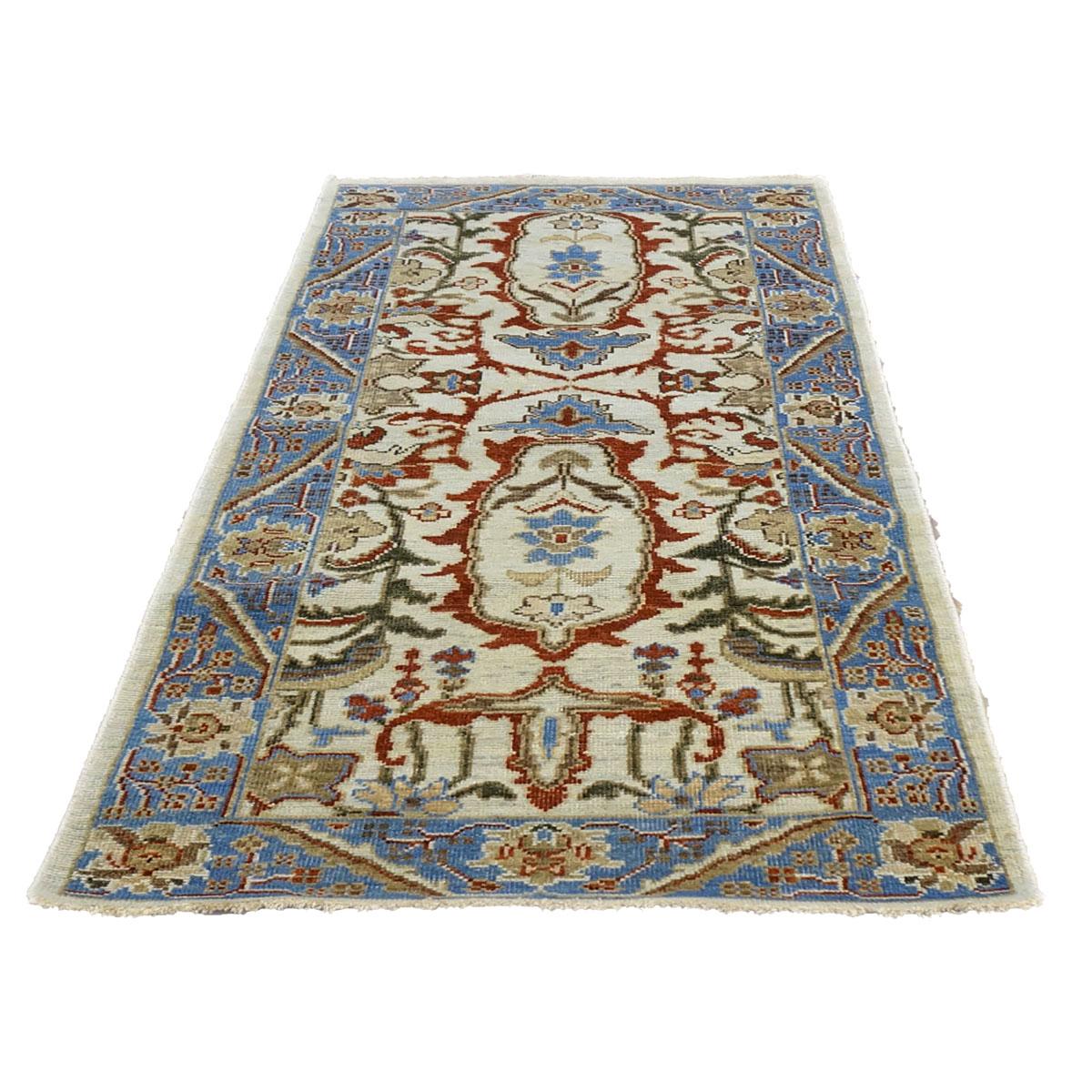 Afghan 21st Century Sultanabad Master 3x6 Blue, Ivory, & Red Hallway Runner Rug For Sale