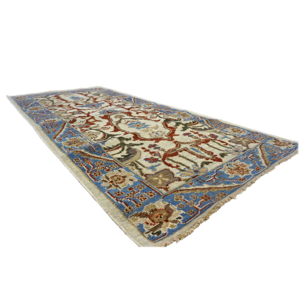 Hand-Woven 21st Century Sultanabad Master 3x6 Blue, Ivory, & Red Hallway Runner Rug For Sale