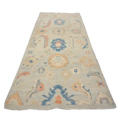 21st Century Turkish Sultanabad Wool 3x6 Tan & Light Blue Handmade Runner Rug
