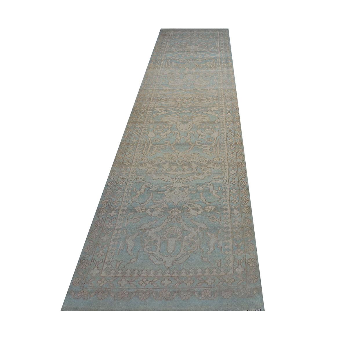 Other 21st Century Sultanabad Soft Green Ivory Wool Hall Runner For Sale