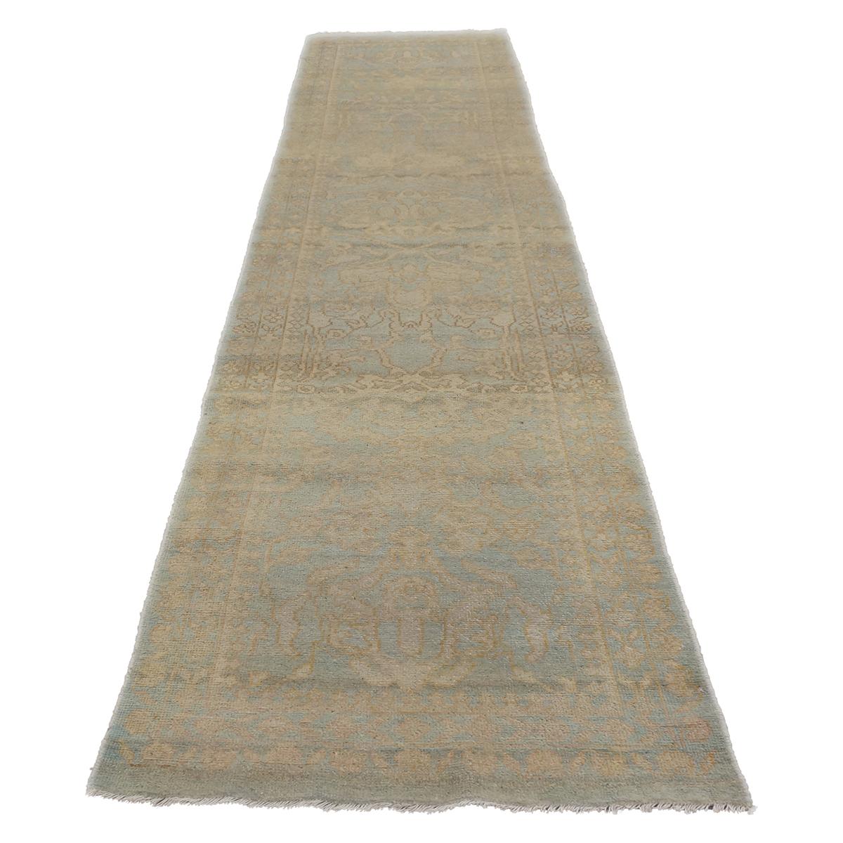 Other 21st Century Sultanabad Soft Green Ivory Wool Hall Runner For Sale