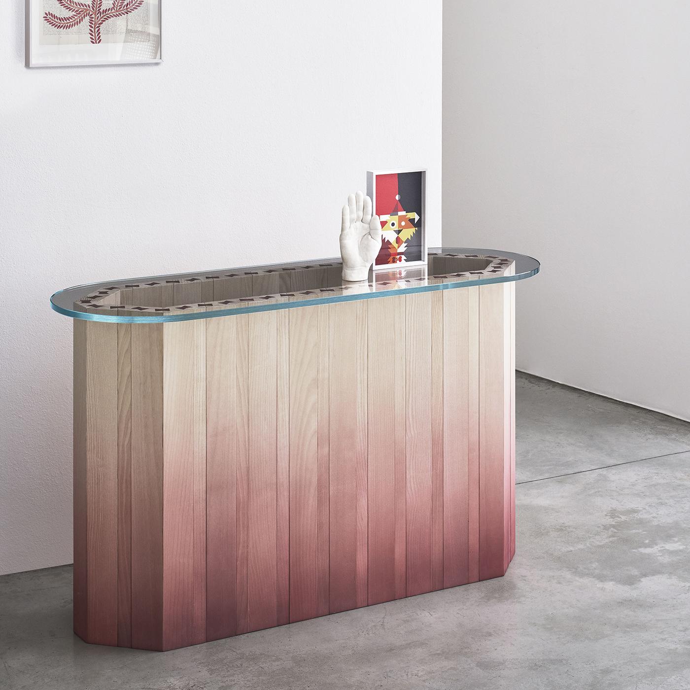 Italian 21st Century Swallow, Beech and Solid Ash Wood Console Lacquered  Glass Top For Sale