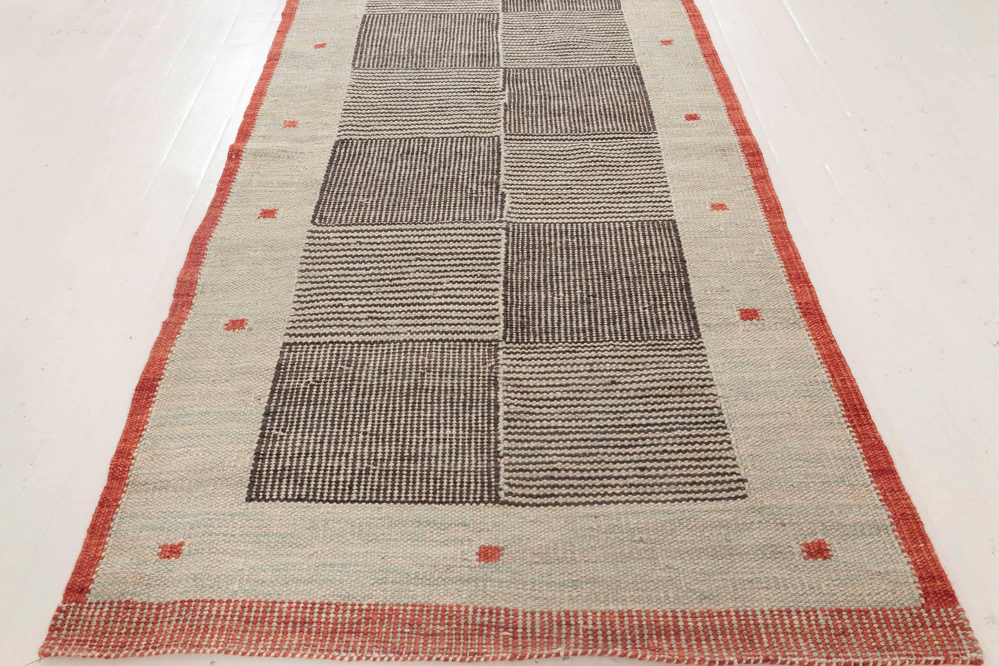 Hand-Knotted 21st Century Swedish Style Beige, Black and Red Flat-Weave Wool Runner