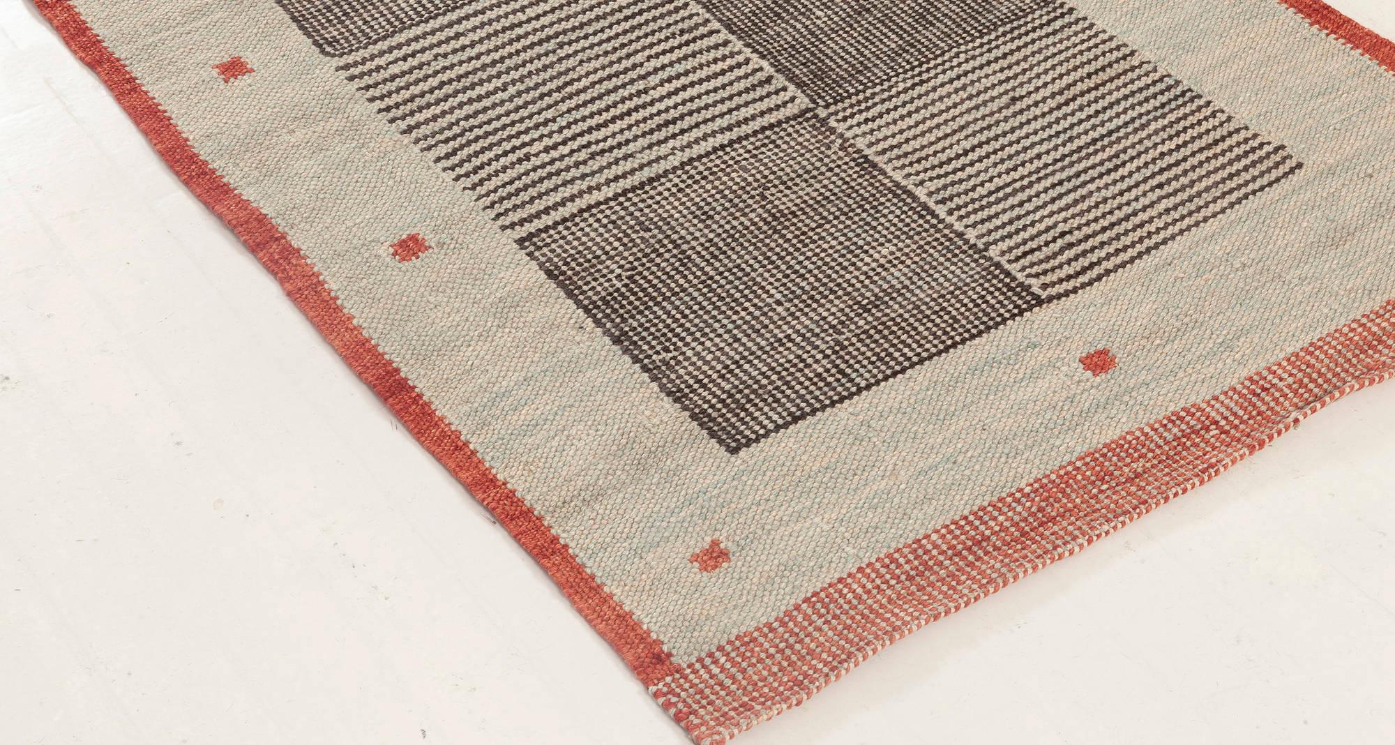 Contemporary 21st Century Swedish Style Beige, Black and Red Flat-Weave Wool Runner