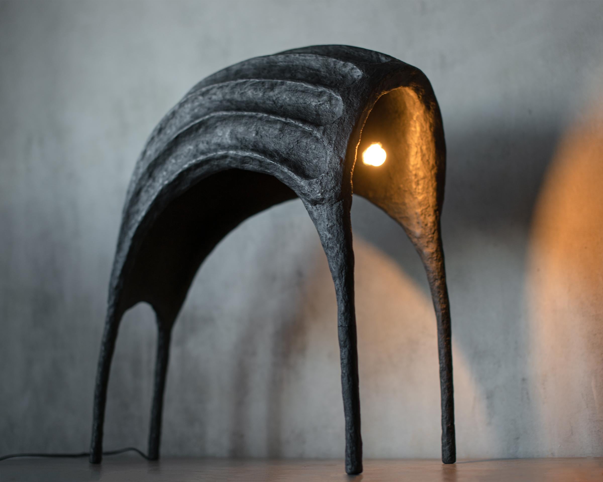 Contemporary table/floor lamp Panzir by Pavel Vishnevsky. 
Unique piece.
Materials: recycled waste paper, metal frame, decor varnish coating
Base: E14
Dimensions: 480 x 260 x 550
Weight: 3.7 kg

