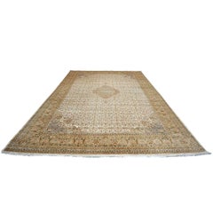 21st Century Tabriz Mahi Wool & Silk 11x16 Ivory, Tan, & Gold Handmade Area Rug