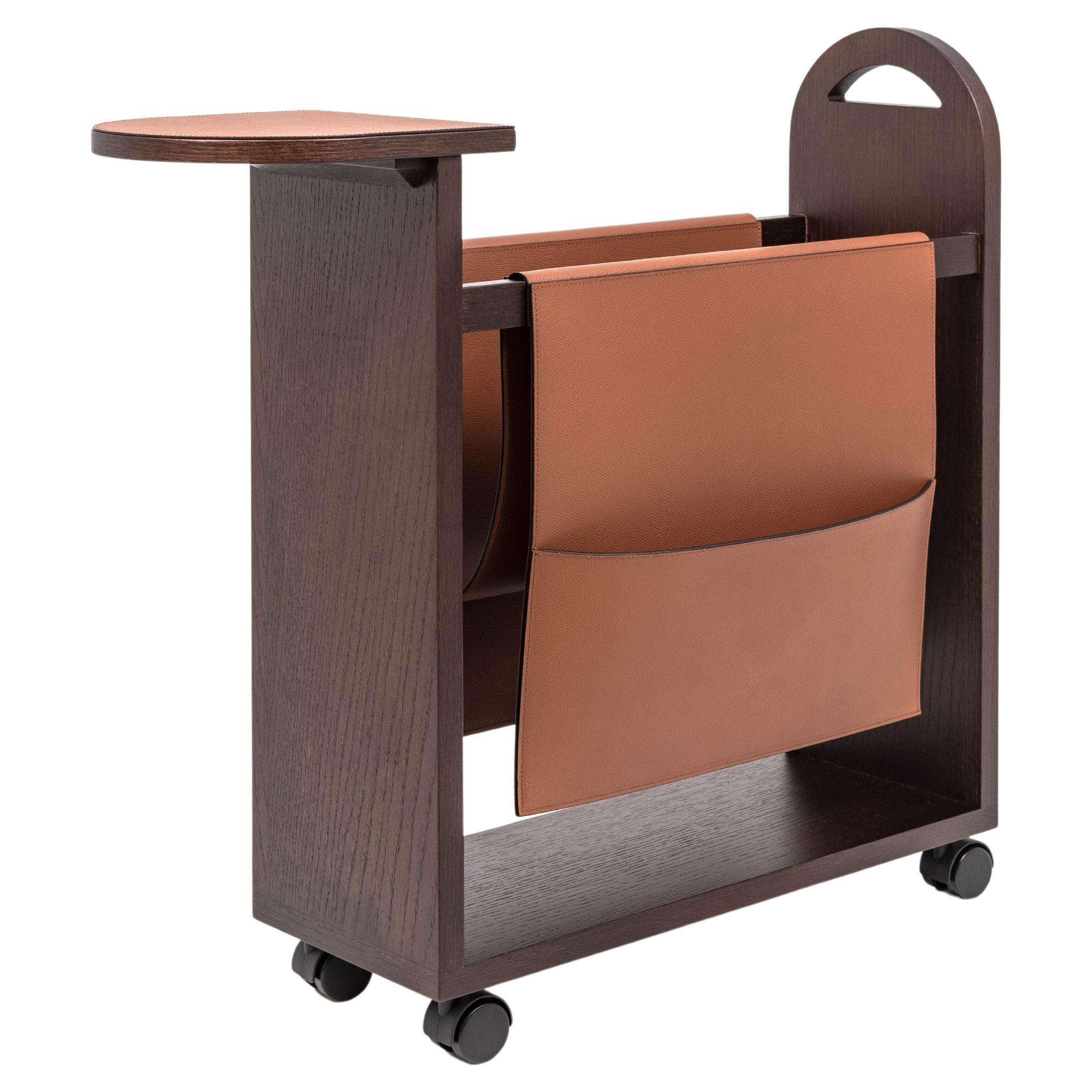 21st Century Tata Italian Magazine Holder in Wood & Leather For Sale