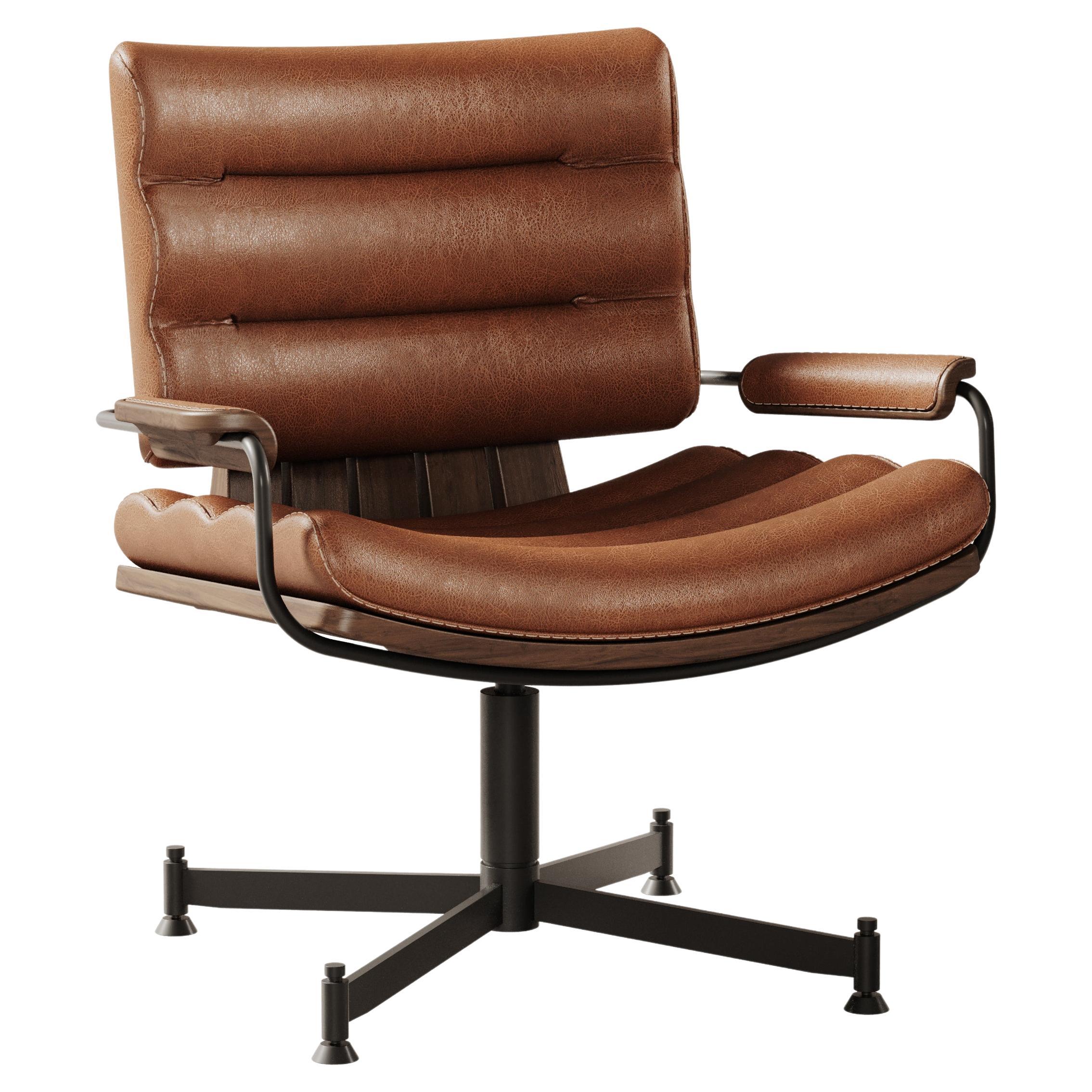 21e siècle, chaise de bureau Thomas en bois de cuir en vente