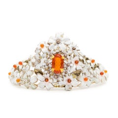 21st Century Tiara Silver White Enameled Oval Central Fire Opal 18 Karat Gold