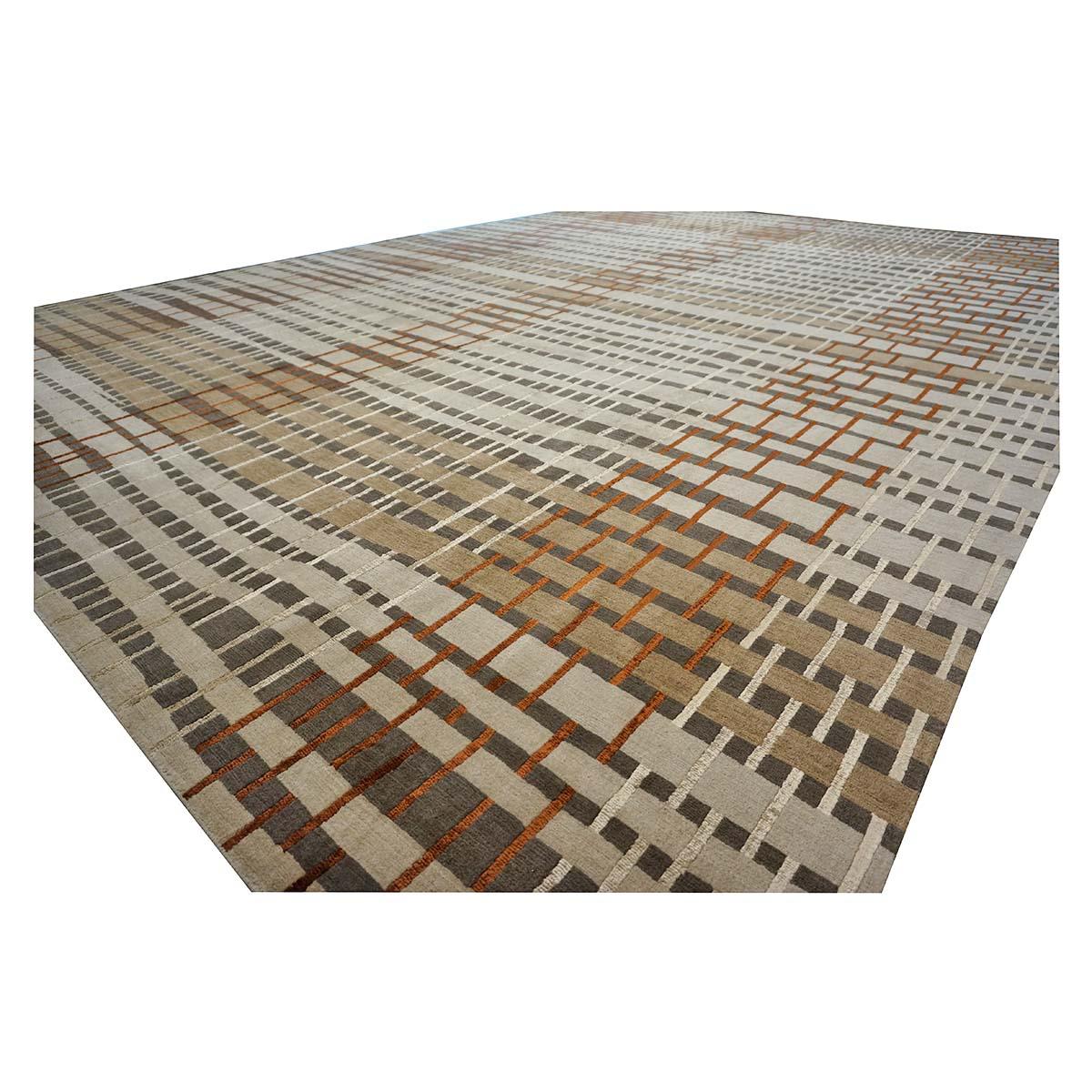 Hand-Knotted 21st Century Tibetan Modern Wool & Silk 10X14 Tan, Ivory, & Rust Area Rug For Sale