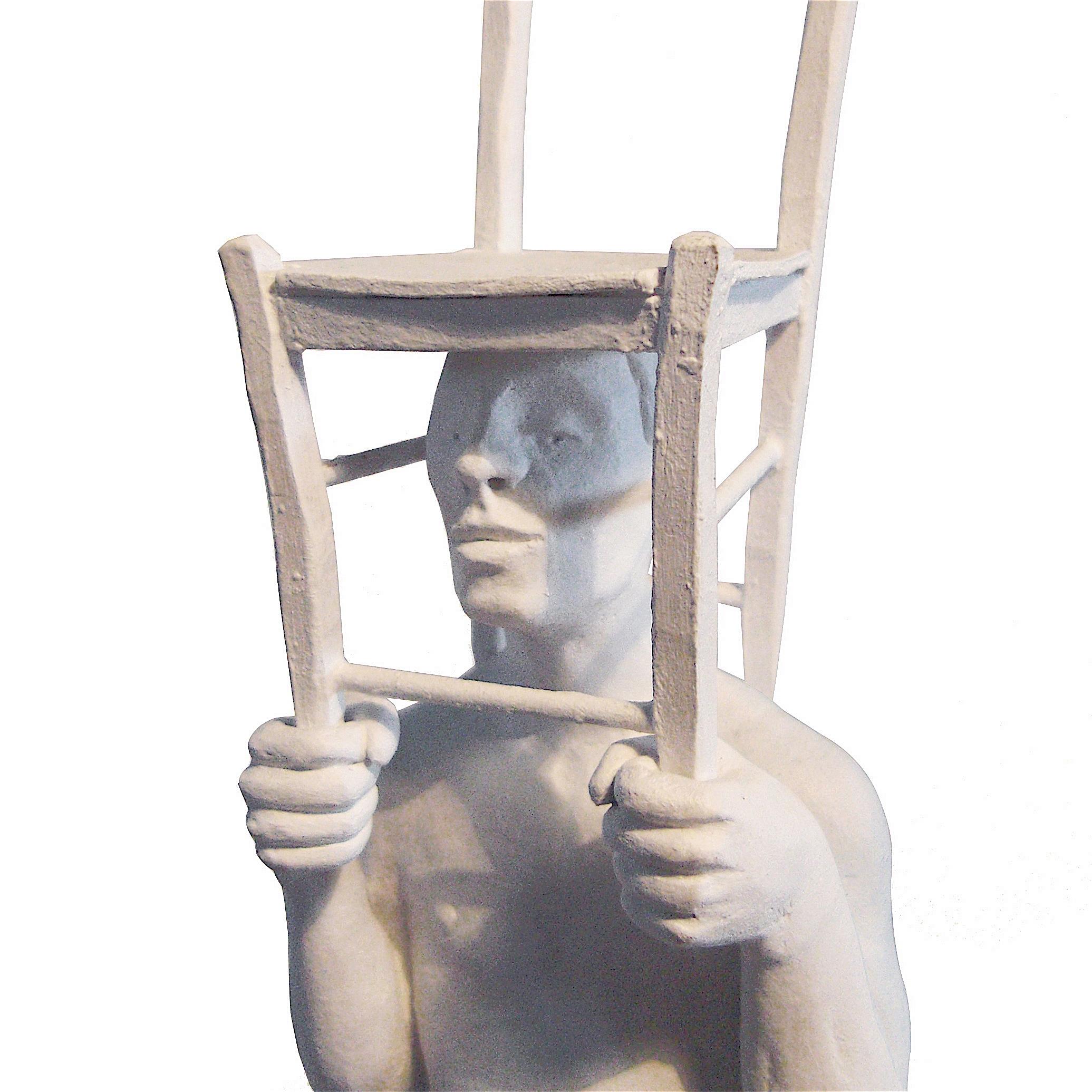 21st Century Tiny Man with Chair Sculpture by Marcantonio, Painted White Bronze In New Condition For Sale In Cesena, IT