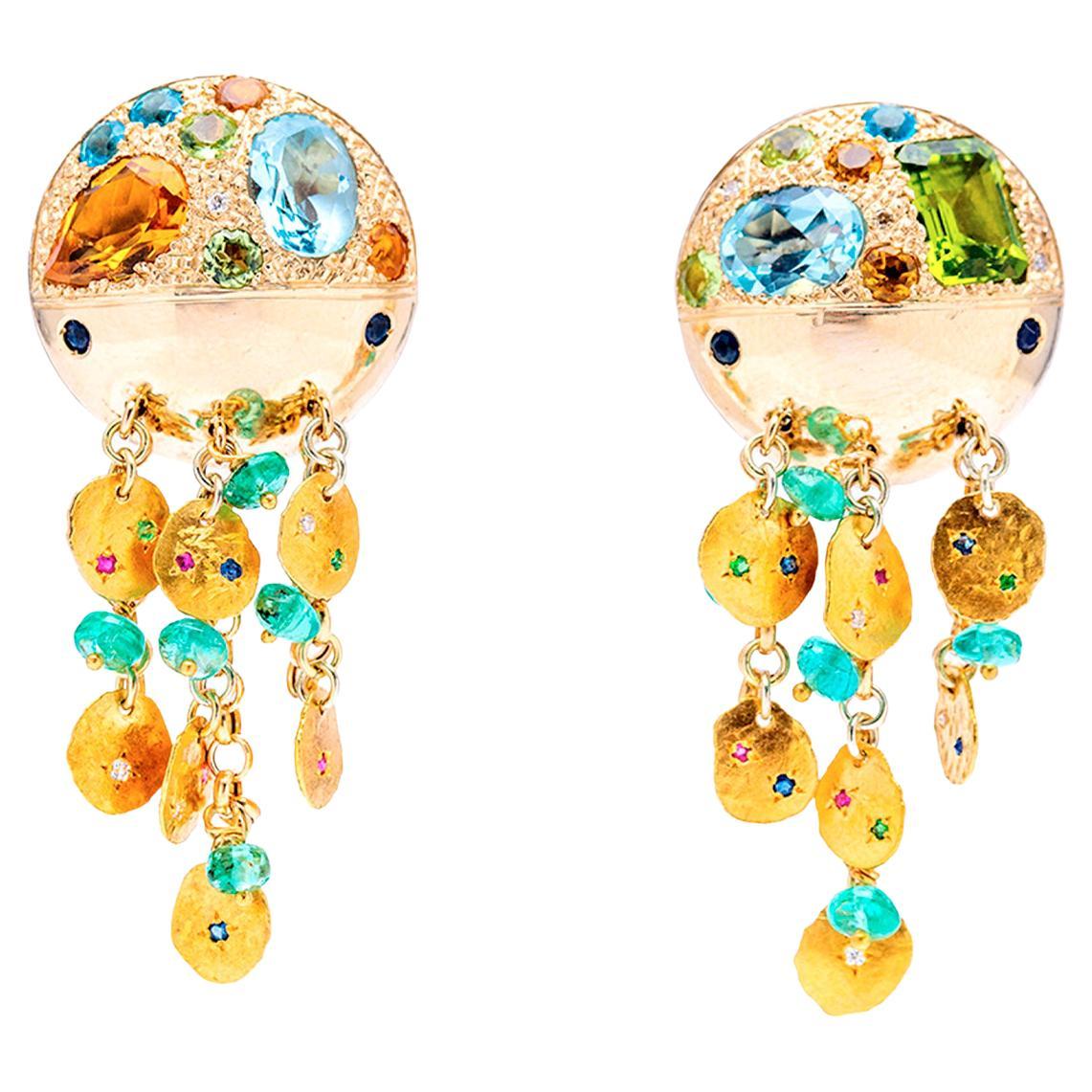 21st Century Topaz Emerald Peridot Ruby Emojis Smile Face Clip on Gold Earrings For Sale