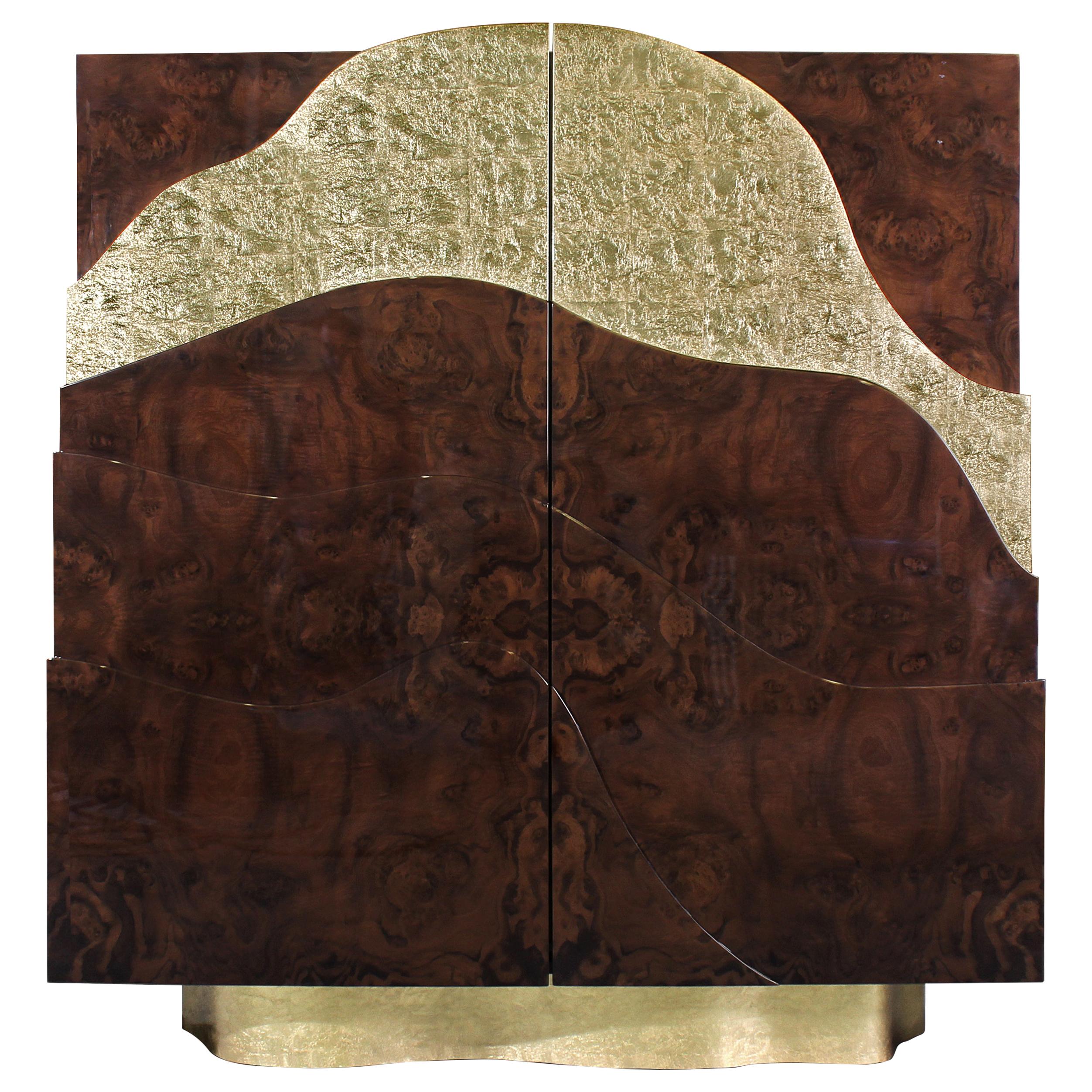 21st Century Torsion Cabinet Walnut Wood Root Gold Leaf For Sale