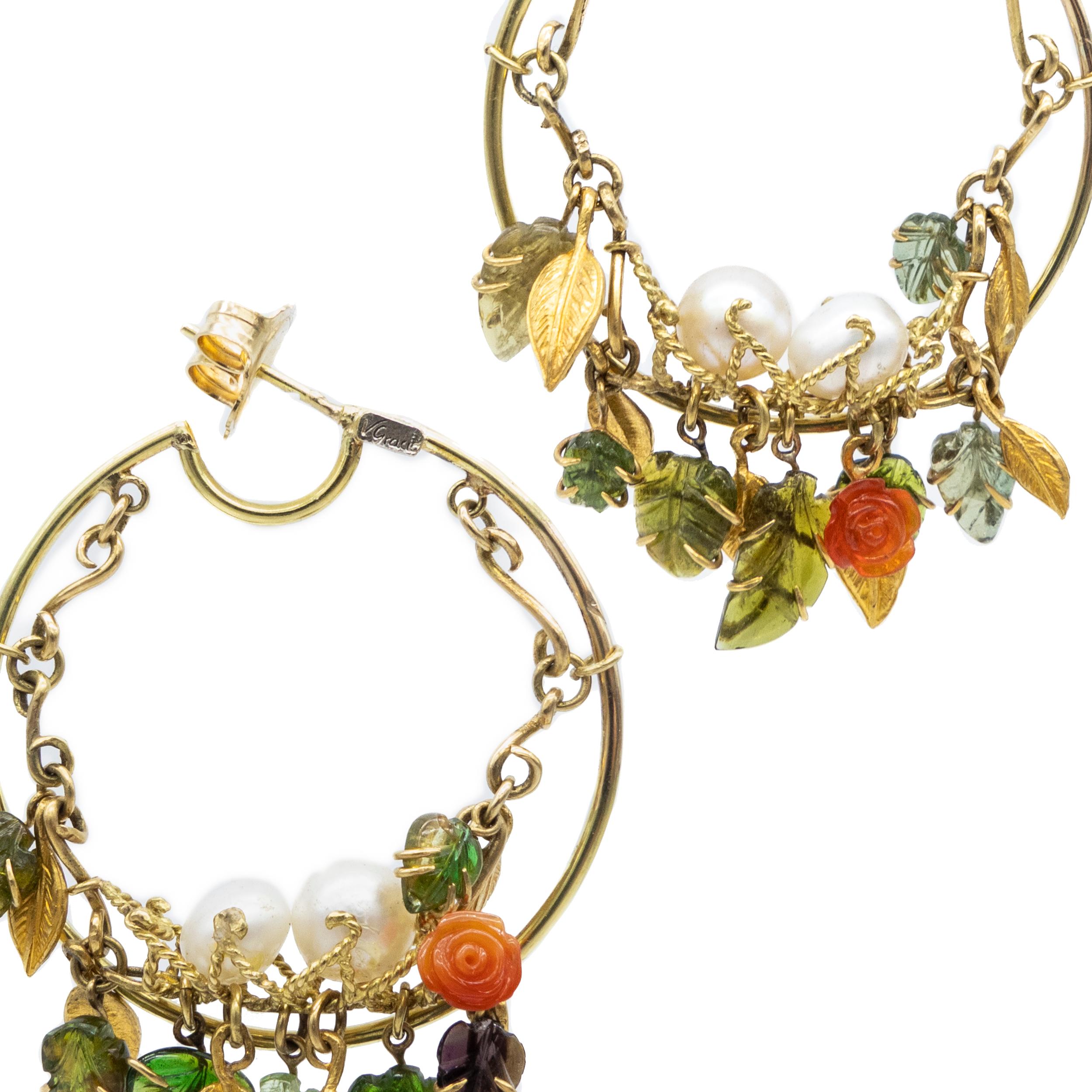 21. Jahrhundert Turmaline Feuer Opale Rosen Blätter Perle  Gold-Reif-Ohrring (Rosenschliff) im Angebot