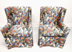 21st Century Traditional Club Chairs in Colorful Bird Themed Fabric - Pair