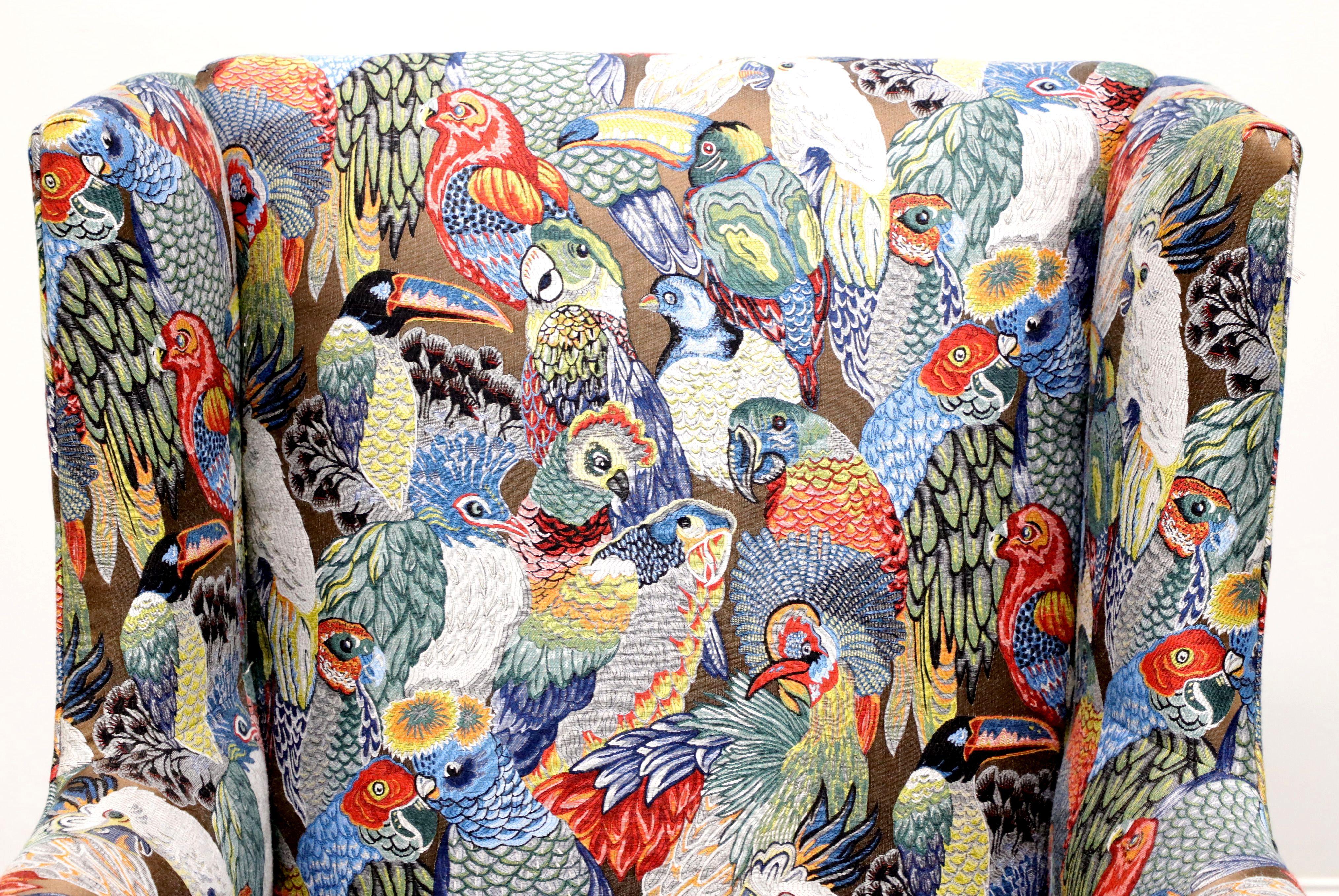 21st Century Traditional Club Chairs in Colorful Bird Themed Fabric - Pair For Sale 1
