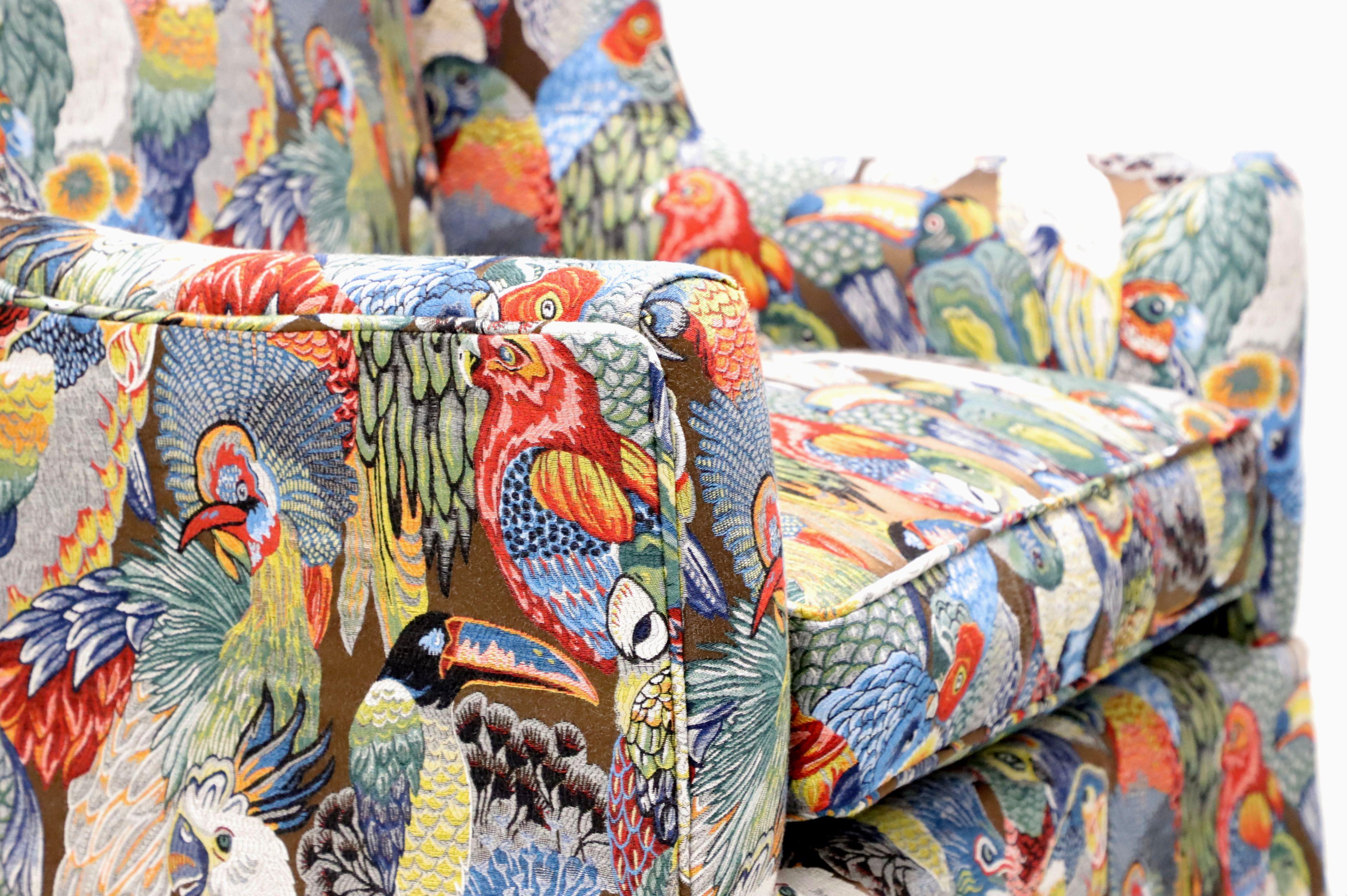 21st Century Traditional Club Chairs in Colorful Bird Themed Fabric - Pair For Sale 2
