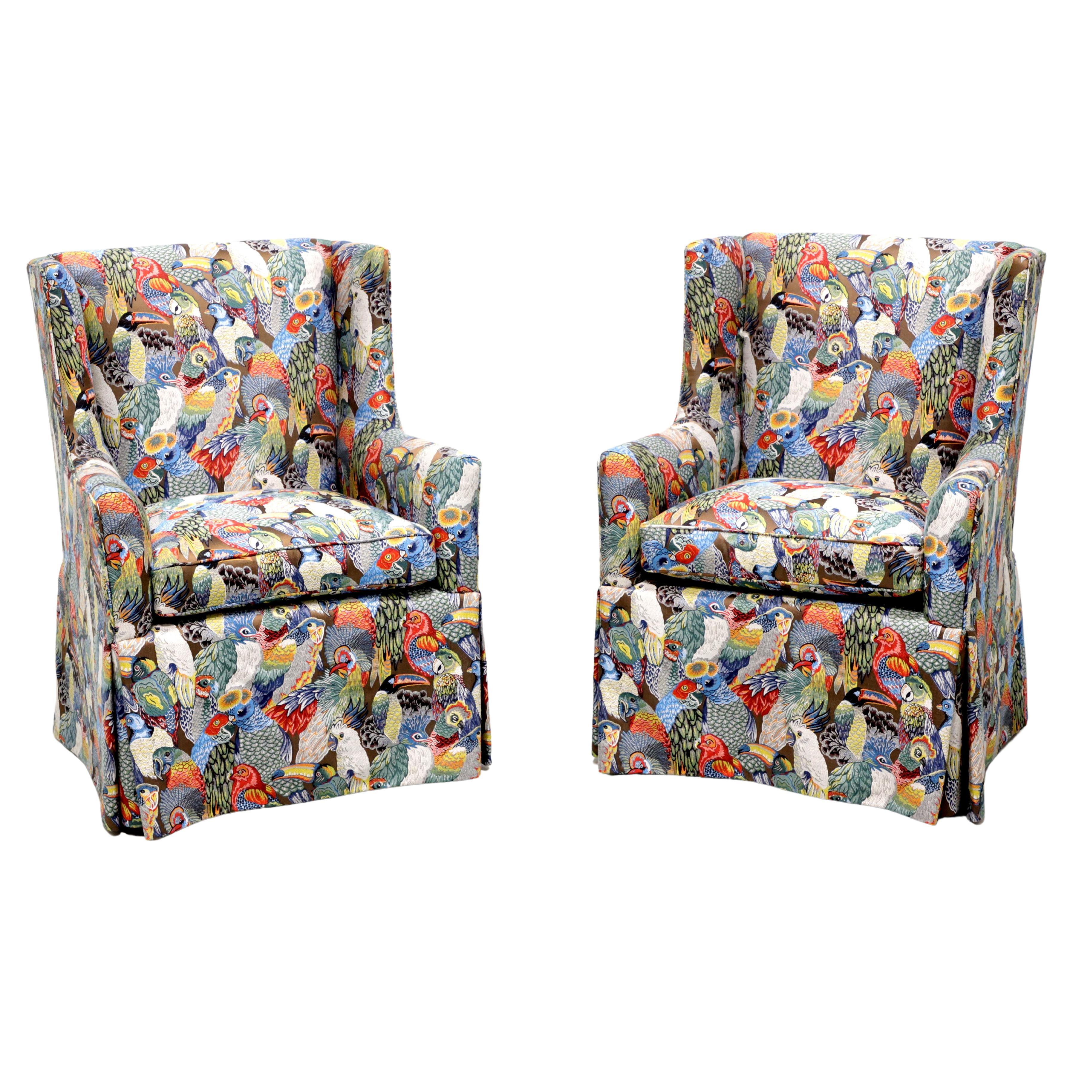21st Century Traditional Club Chairs in Colorful Bird Themed Fabric - Pair For Sale