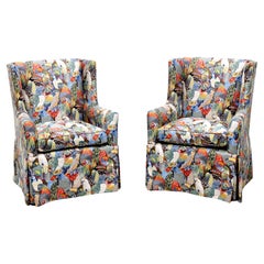 21st Century Traditional Club Chairs in Colorful Bird Themed Fabric - Pair