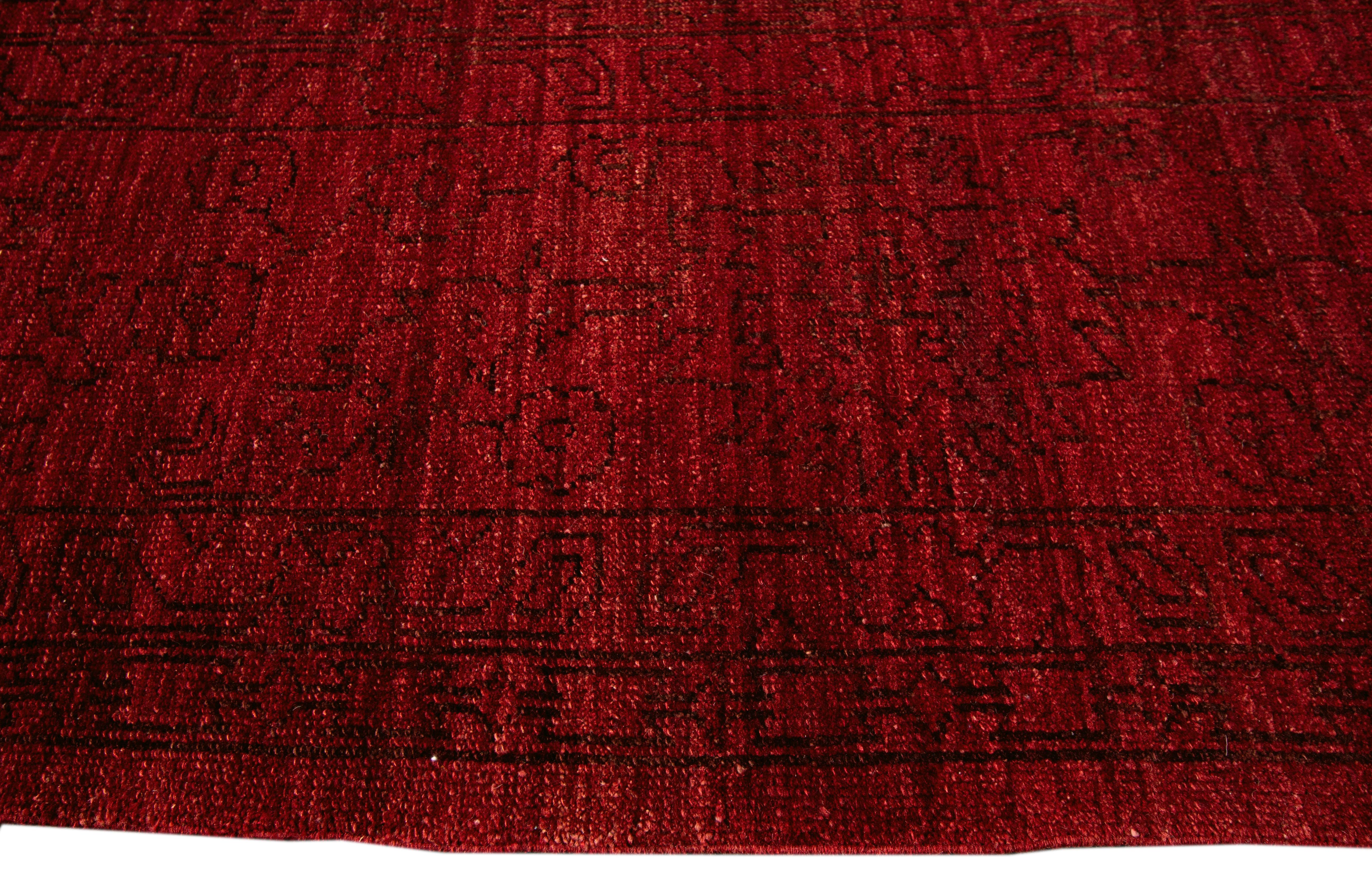Hand-Knotted Red Transitional Indian Style Handmade Floral Wool Rug For Sale