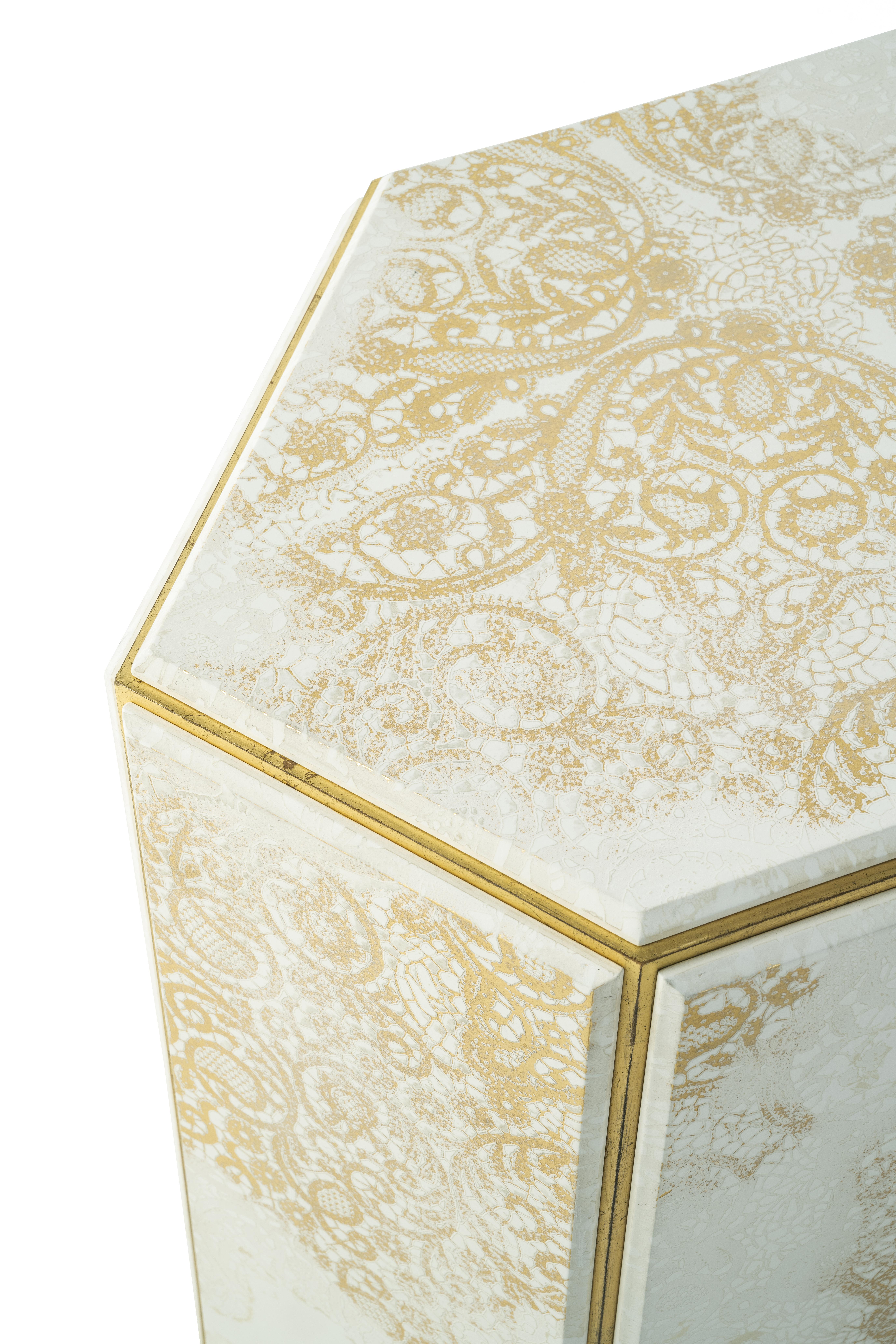 Italian 21st Century Très Jolie Low Table with Gold Leaf Laser Engraved Lace  For Sale