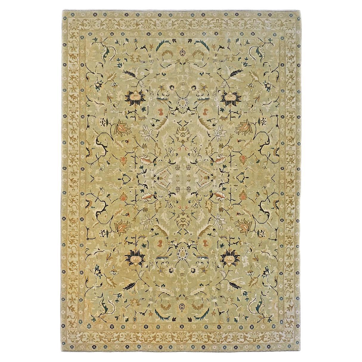 21st Century Turkish Agra 9x12 Light Olive and Khaki Handmade Area Rug For Sale