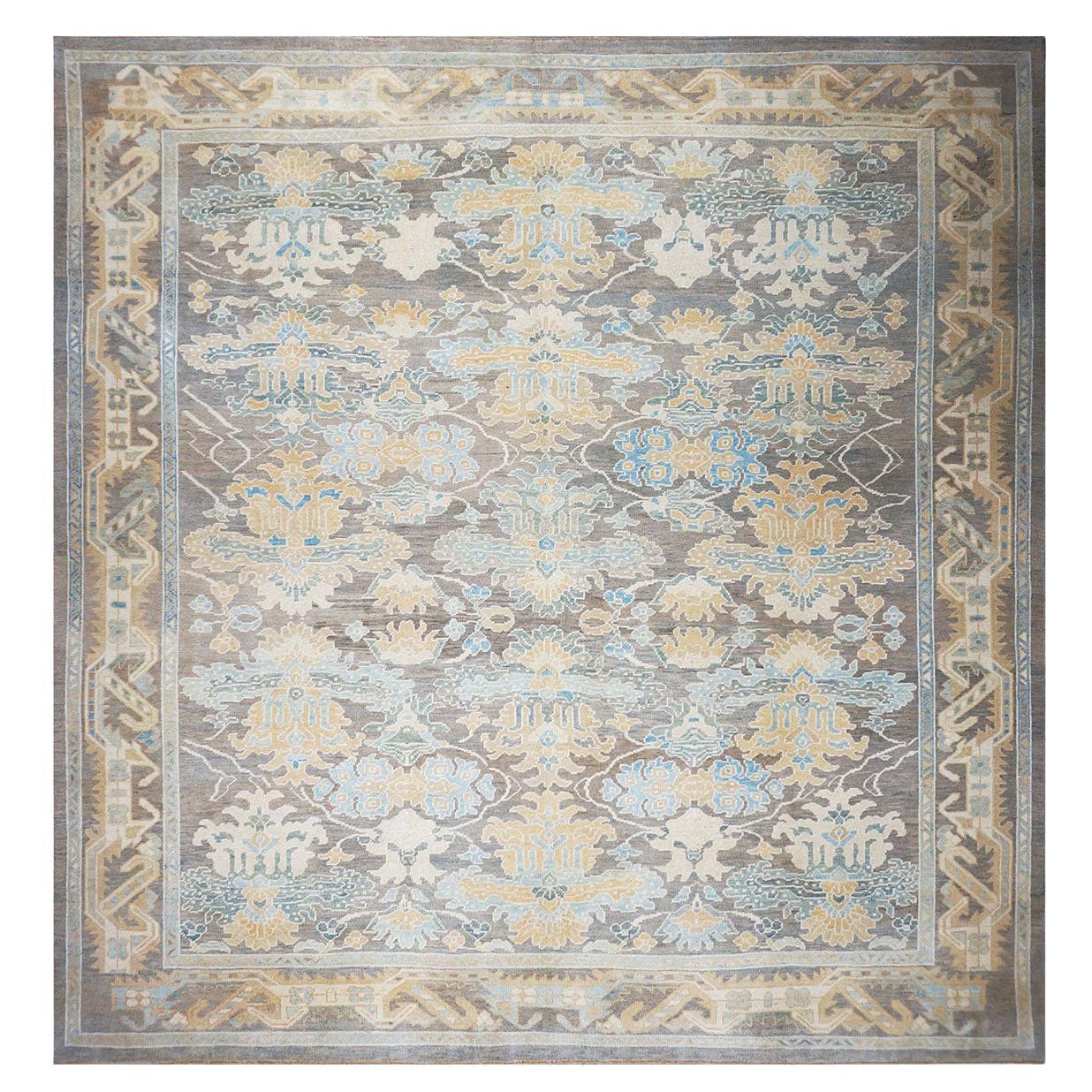 21st Century Turkish Donegal Carpet 12x12 Grey, Blue, and Gold Square Area Rug For Sale
