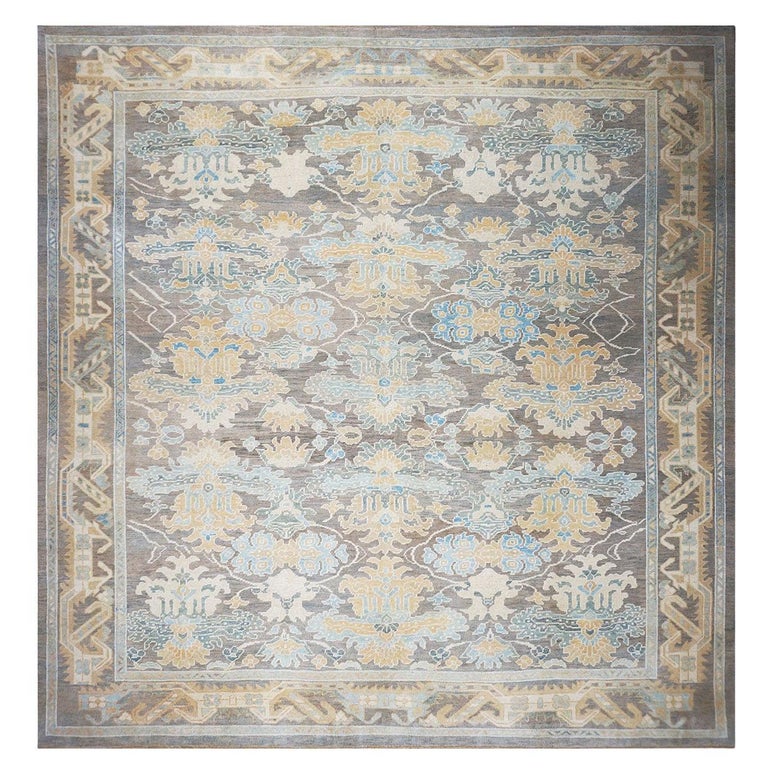 21st Century Turkish Donegal Carpet 12x12 Grey, Blue, and Gold Square